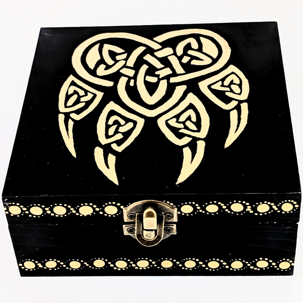 OOAK Celtic Knot Bear Paw Keepsake Box – Hand-Painted Metallic Art – 6"